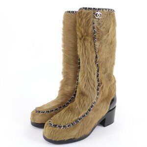 Chanel Patent Leather Coco Charm Fabric Long Boots Brown 37